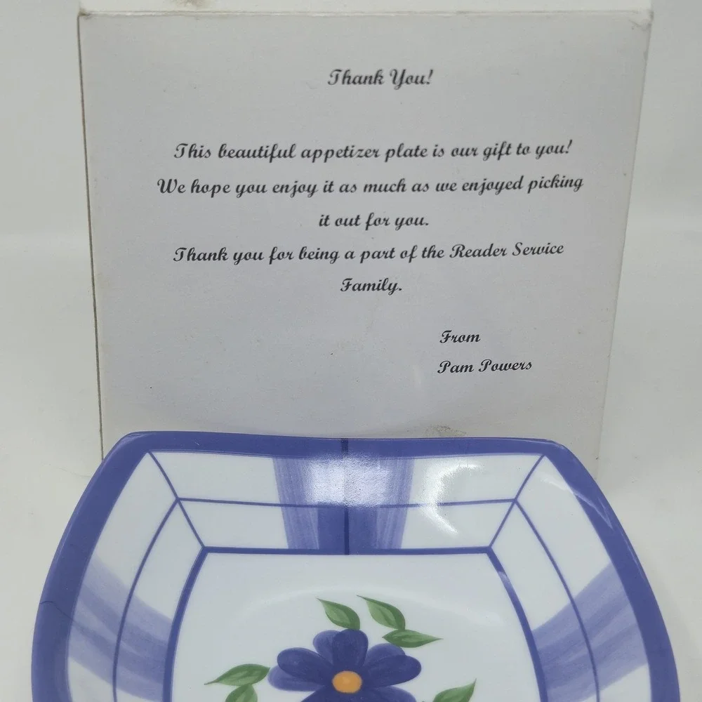 Vintage Reader Service Square Appetizer Plate Blue Floral Dish Boxed